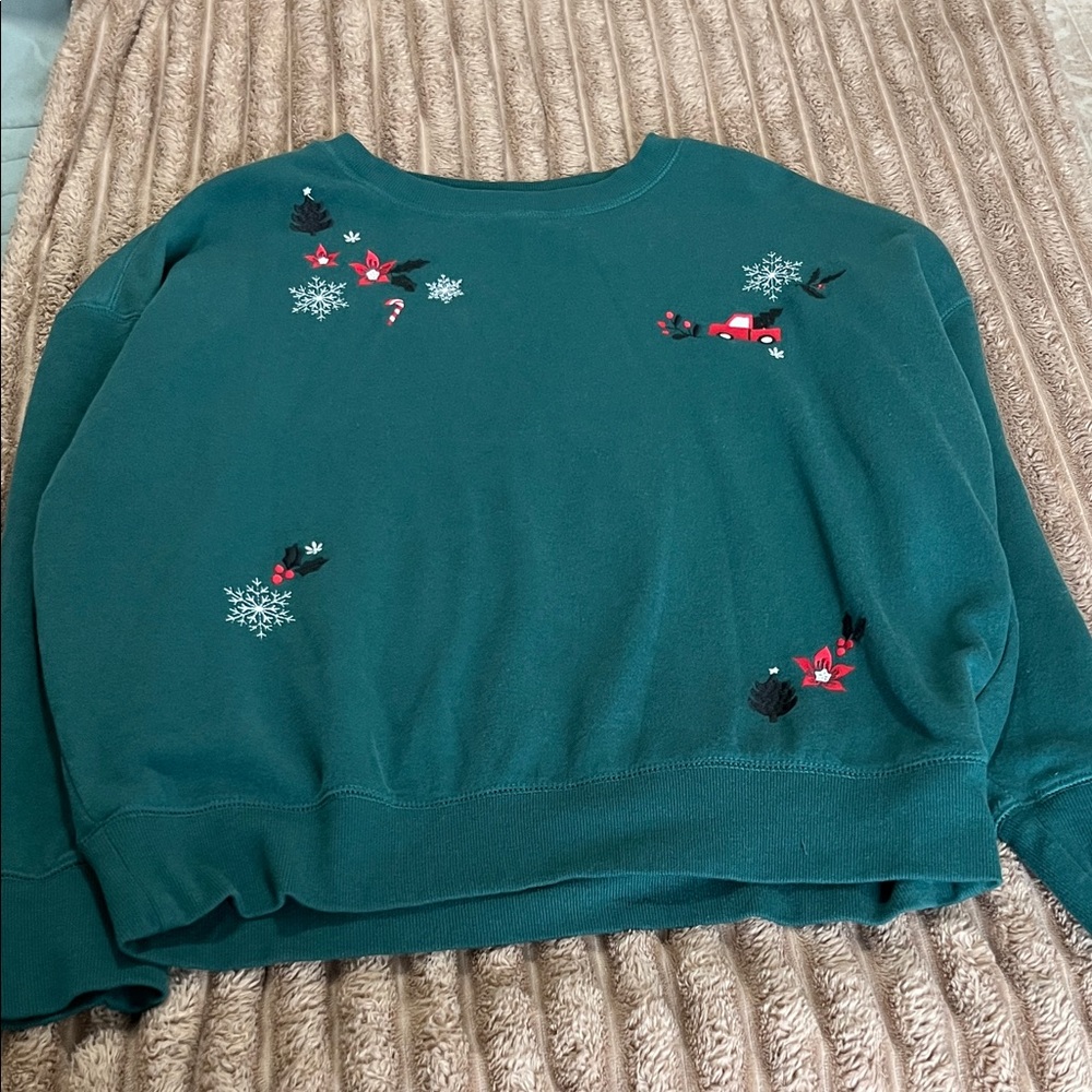 Maurices Teal Sweater with Holiday Embroidery
